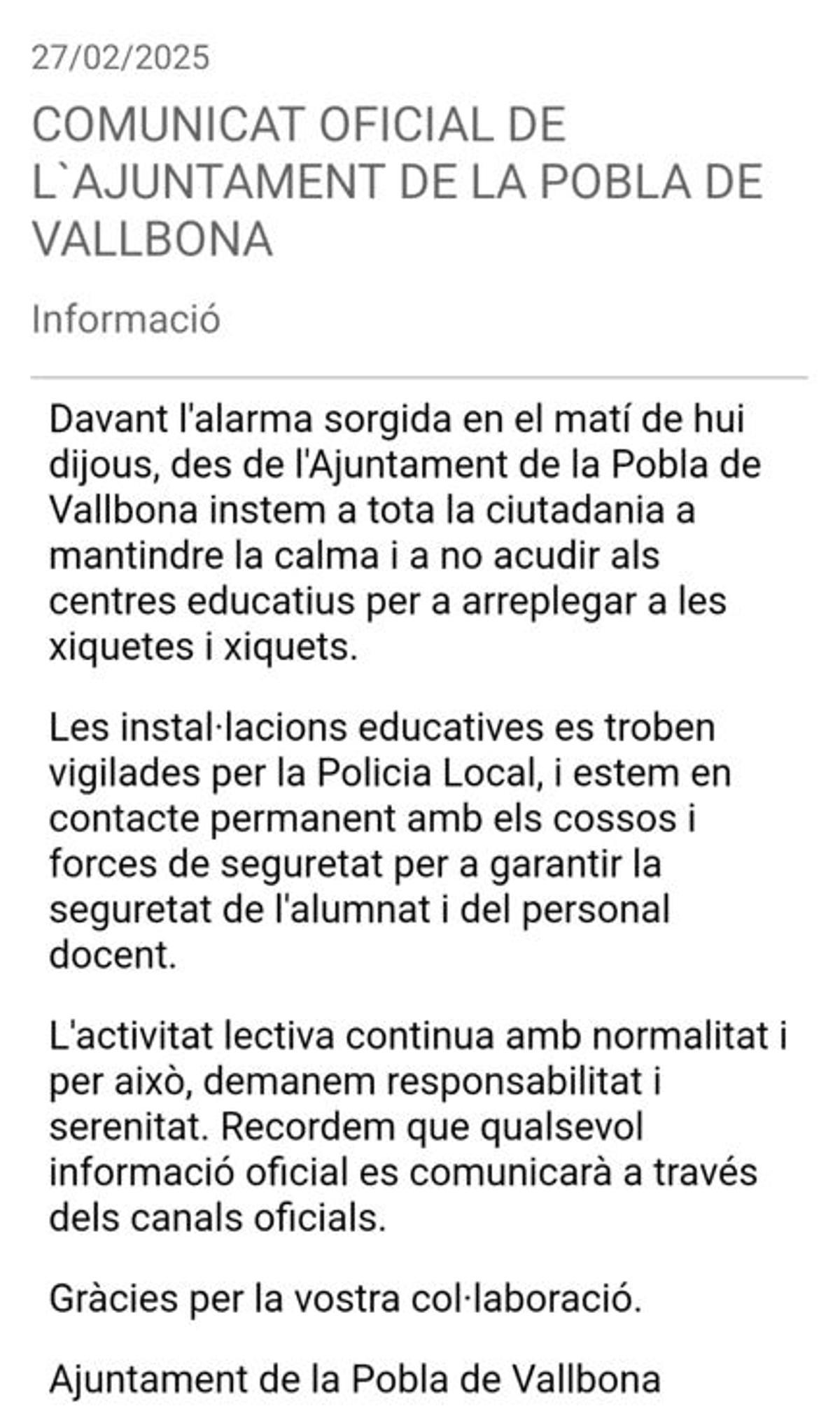 El Ayuntamiento de la Pobla de Vallbona lanza un comunicado