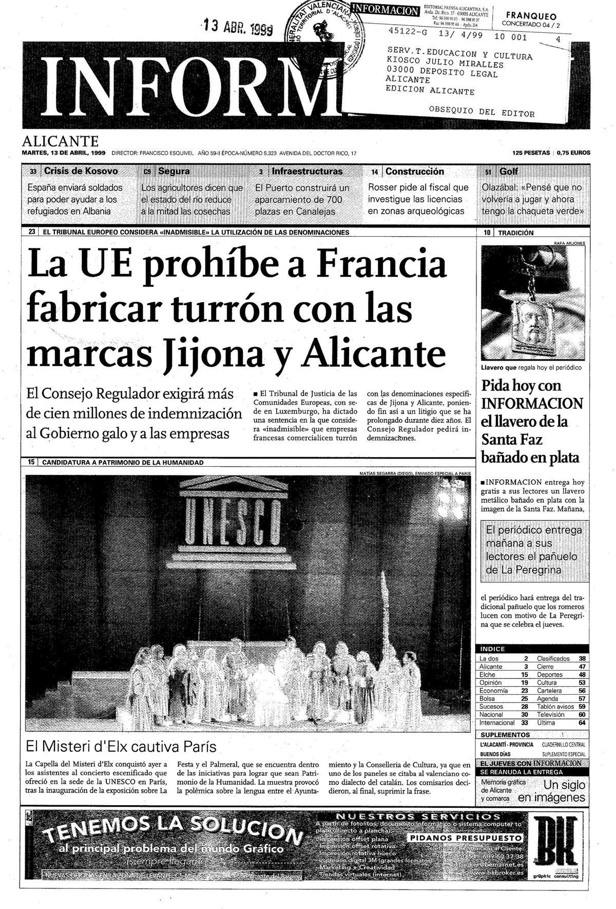 Fotonoticia en la portada del 13 de abril de 1999 del diario INFORMACIÓN donde se informaba del concierto del Misteri d'Elx en París