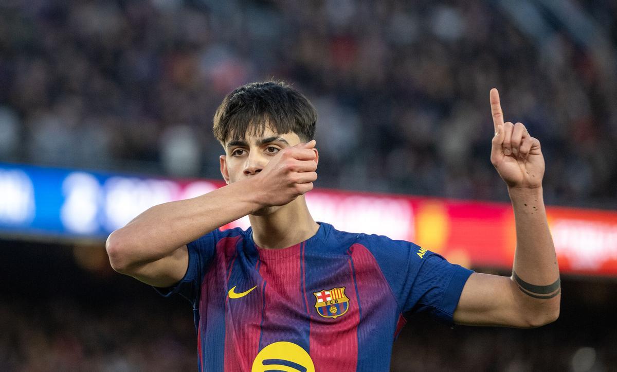 Marc Bernal celebra el tercer gol azulgrana ante el Mallorca.