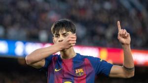 Marc Bernal celebra el tercer gol azulgrana ante el Mallorca. 