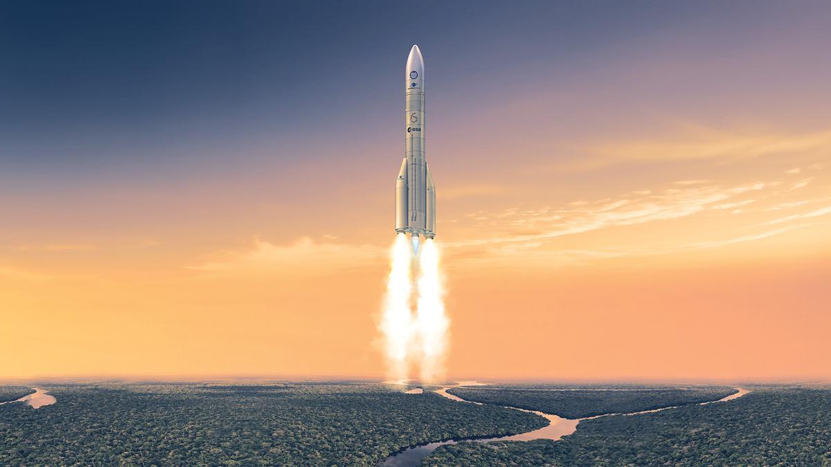 Representación artística del cohete Ariane 6 durante su despegue.
