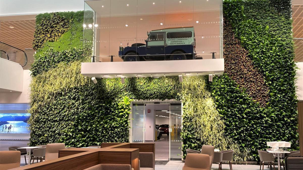 Uno de los muchos ejemplos de jardines verticales que Terapia Urbana ha diseñado desde Sevilla para edificios en el Reino Unido. Es el interior de un concesionario de Jaguar Land Rover en la ciudad de Sunbury.