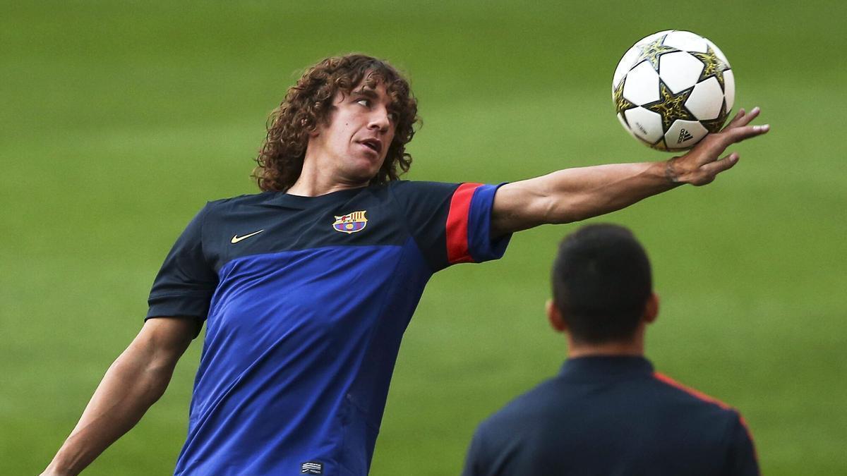 Carles Puyol, excapitán del FC Barcelona, durante un entrenamiento para un partido de la UEFA Champions League