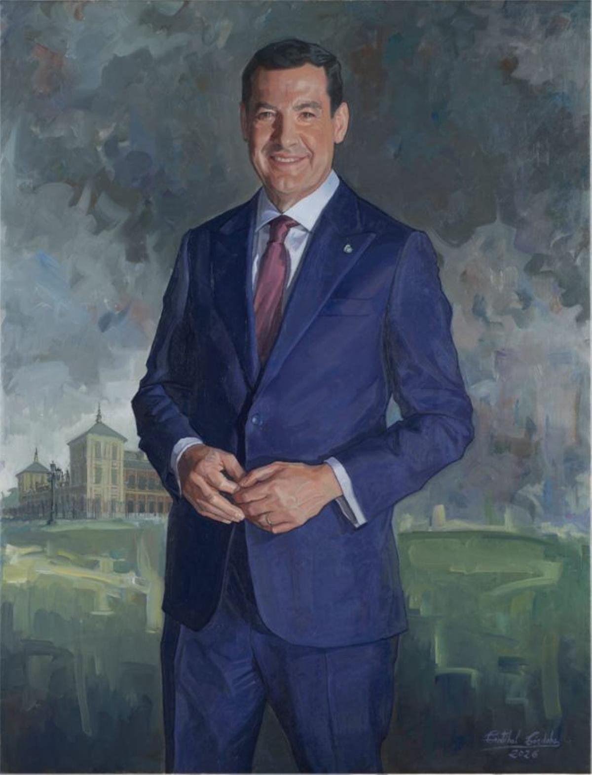 Retrato de Juan Manuel Moreno Bonilla, con una esquina del Palacio de San Telmo al fondo, por Cristóbal Córdoba.