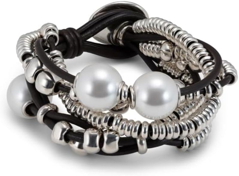 Pulsera De Cuero Y Aleación De Metales Con Baño En Plata De Ley