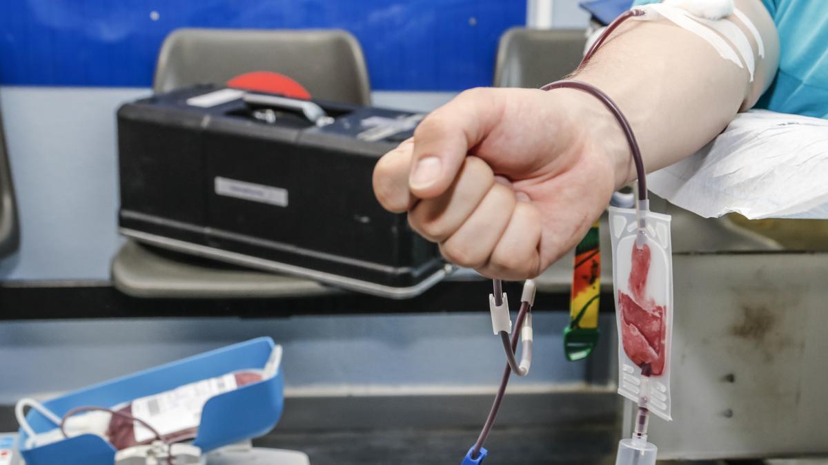 Detalle del puño y la bolsa de un donante durante una campaña en Cáceres.