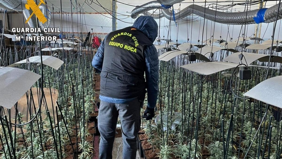 Un agente de la Guardia Civil durante el registro en la finca de Don Benito.