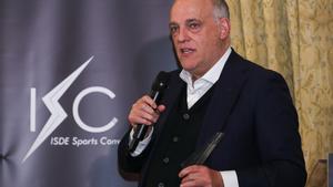 Javier Tebas receives an award during the ISDE Sports Convention at Palacio de Santona on May 19, 2023 in Madrid, Spain.