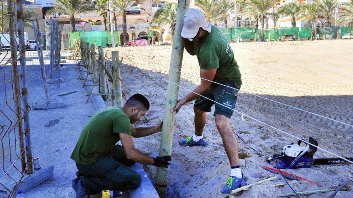 La parcela que ocupaba el antiguo hotel de Arenales del Sol se ha convertido en una extensión de la playa y los operarios de Costas están protegiendo la arena. | MATÍAS SEGARRA