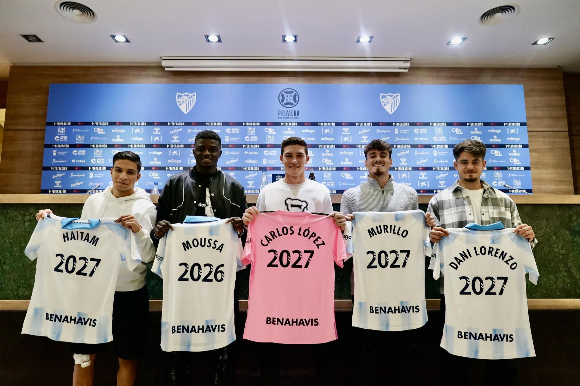 Presentación de Carlos López, Moussa, Murillo, Dani Lorenzo y Haitam, renovados con el Málaga CF