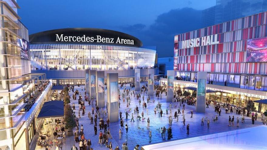 Imagen exterior del Mercedes Benz Arena, uno de las inspiraciones para el nuevo pabellón.