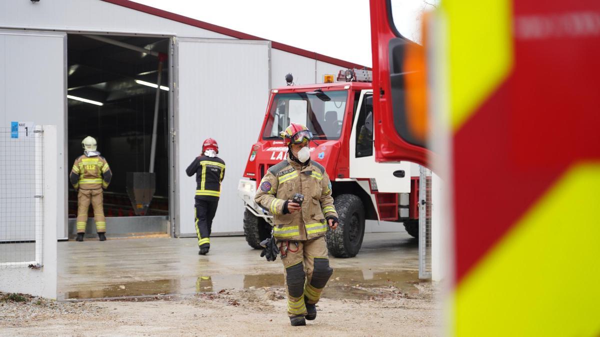 Bomberos trabajando en la extinción del fuego de la granja avícola de Cancelas.