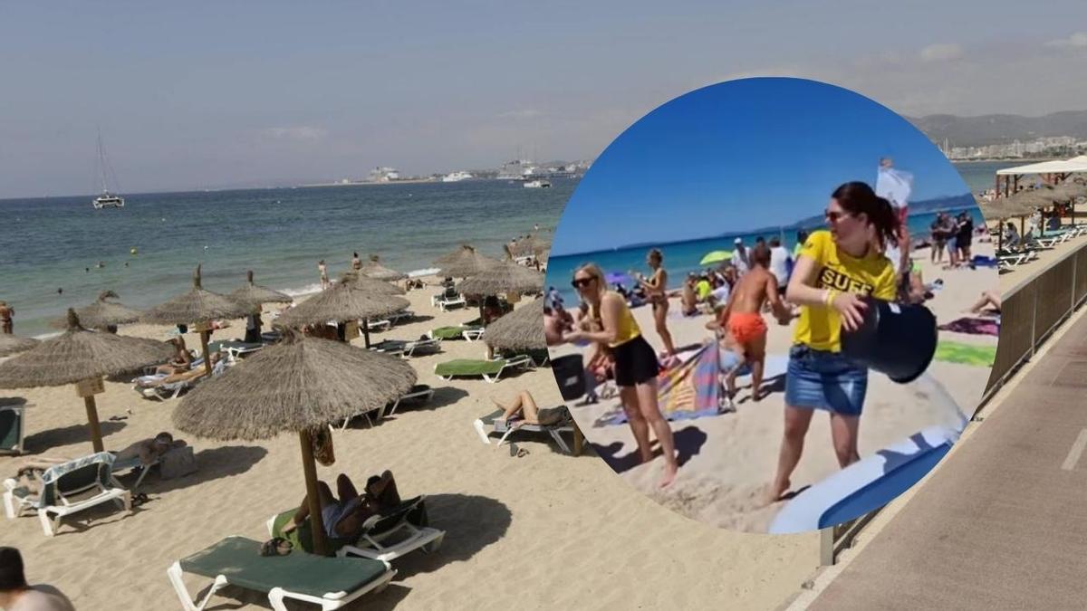 Turistas montan una piscina en la playa y hacen una cadena para llenarla con con agua del mar.