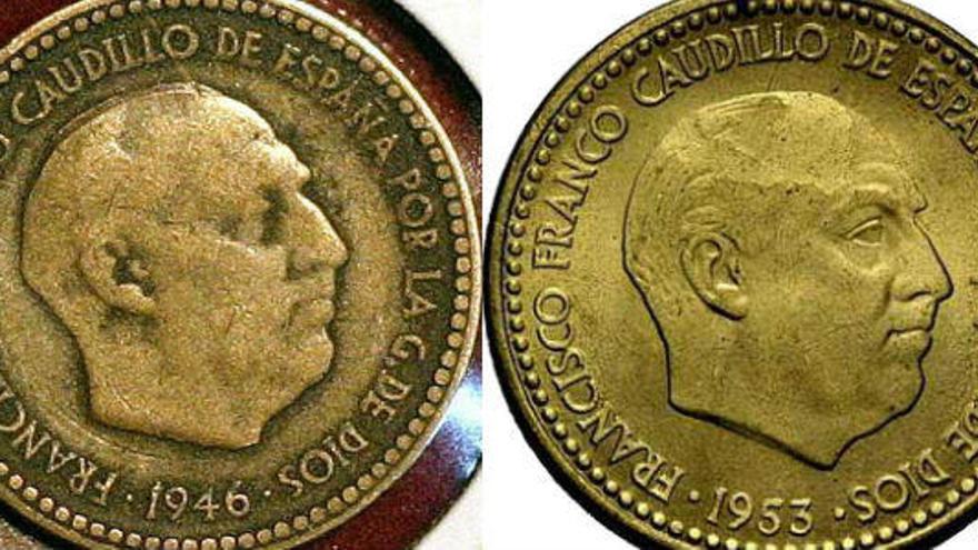 A la izquierda, la moneda que no le gustó a Franco y a su lado, la que fue de uso corriente
