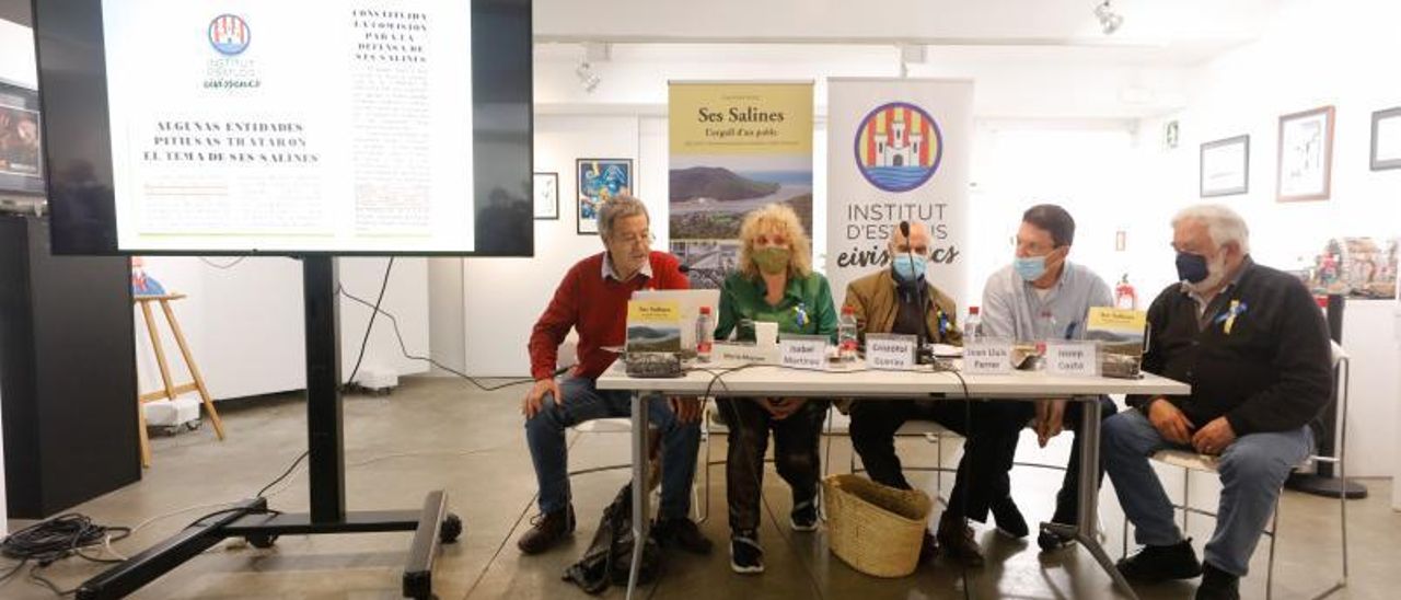 Isabel Martínez, segunda por la izquierda, durante la presentación del libro sobre ses Salines escrito por Joan Lluís Ferrer. | VICENT MARÍ
