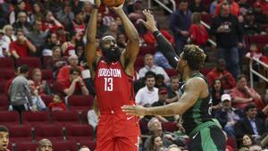 Dec 27  2018  Houston  TX  USA  Houston Rockets guard James Harden  13  shoots the ball over Boston Celtics guard Marcus Smart  36  during the third quarter at Toyota Center  Mandatory Credit  Troy Taormina-USA TODAY Sports