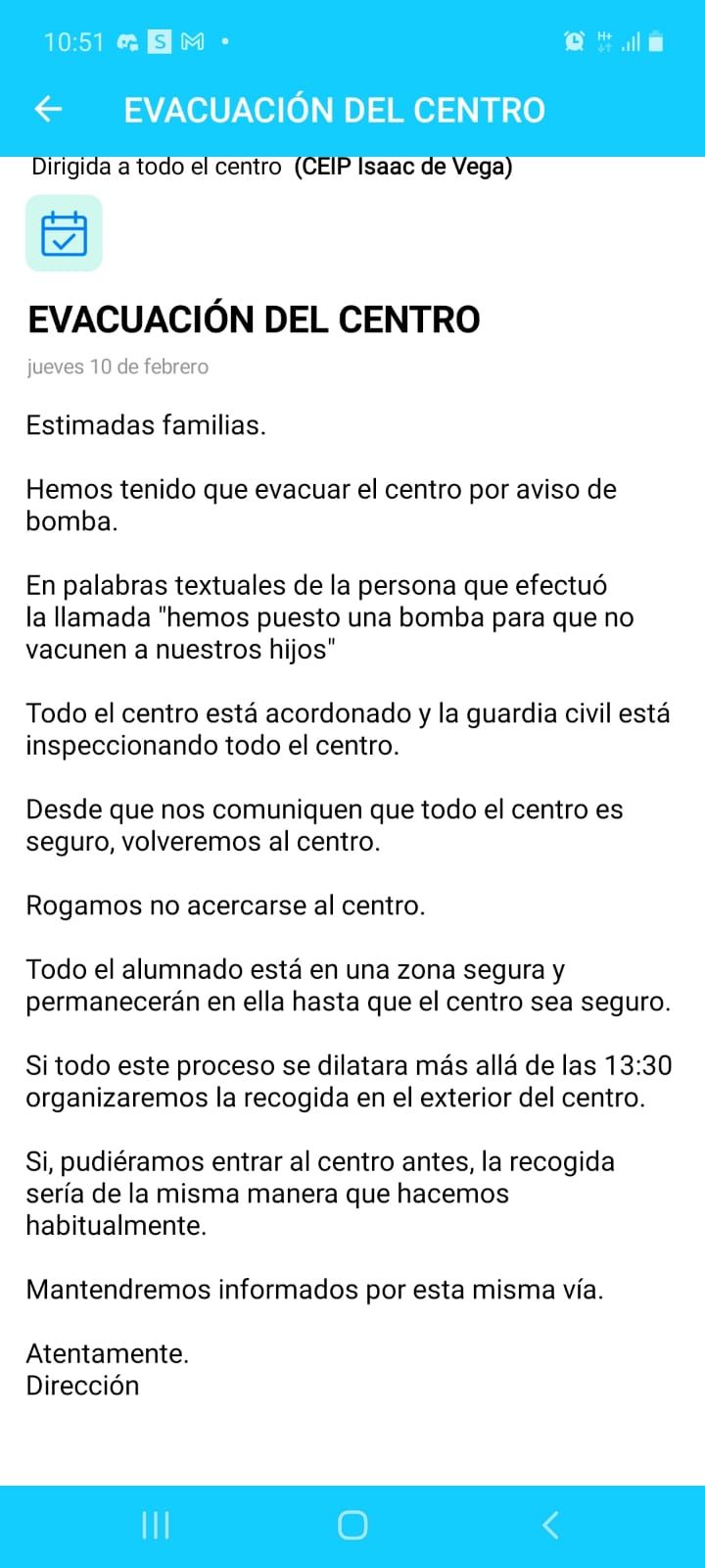 Comunicado del centro educativo de San Isidro