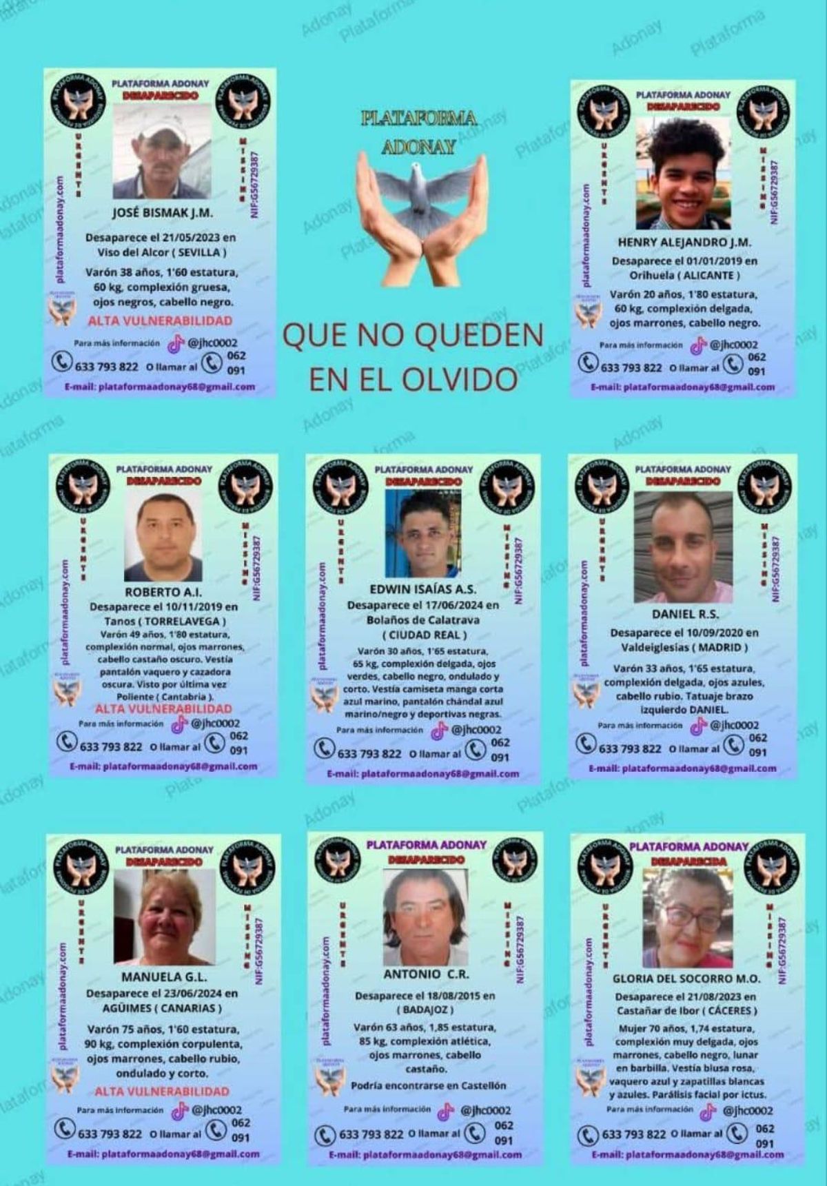 Cartel con desaparecidos, entre llos Manoli, de la plataforma Adonay.