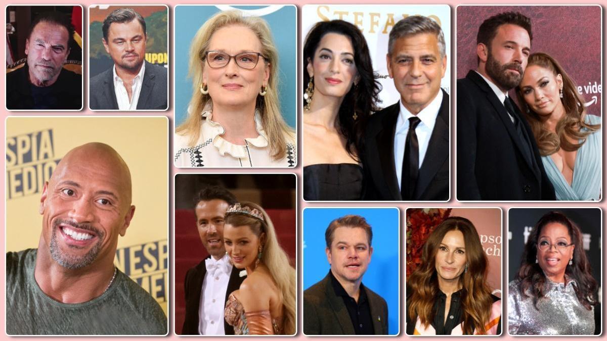 De izquierda a derecha y de arriba a abajo, Arnold Schwarzenegger, Leonardo DiCaprio, Meryl Streep, Amal y George Clooney, Jennifer Lopez y Ben Affleck, Dwayne Johnson, ’The Rock’, Ryan Reynolds y Blake Lively, Matt Damon, Julia Roberts y Oprah Winfrey.