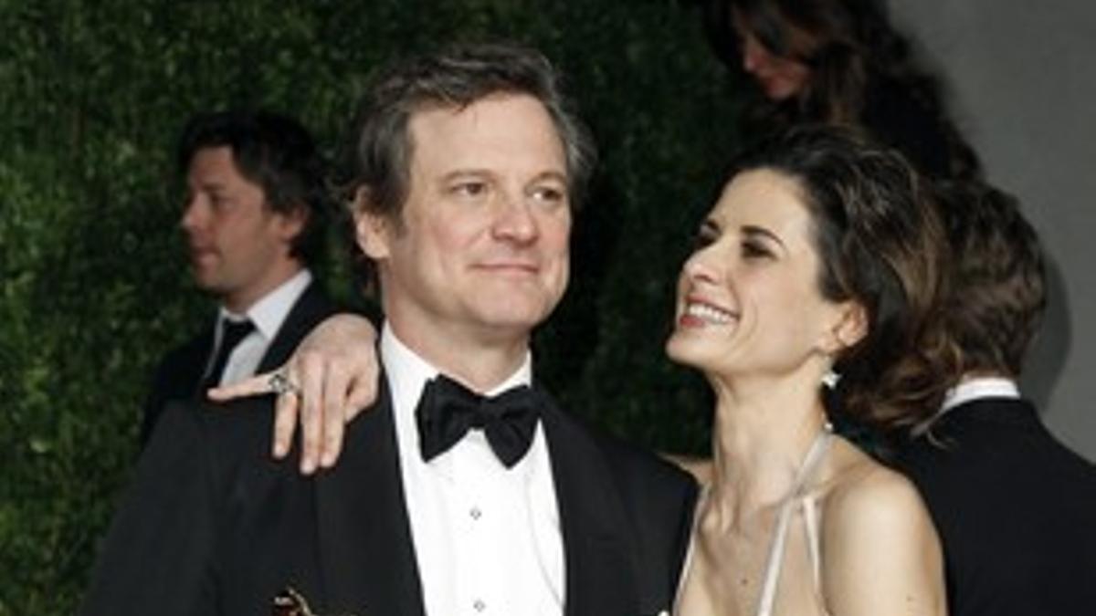 El actor británco Colin Firth junto a su mujer, Livia Giuggioli, tras ganar un Oscar por su papel en El discurso del rey.