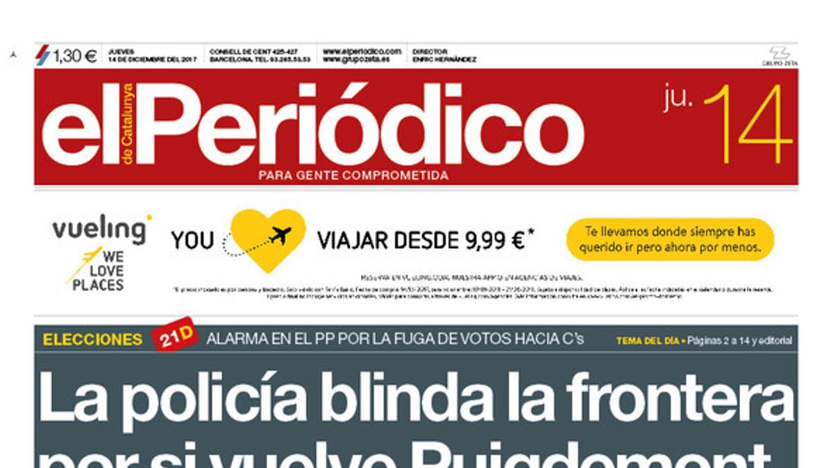 La portada de EL PERIÓDICO del 14 de diciembre del 2017