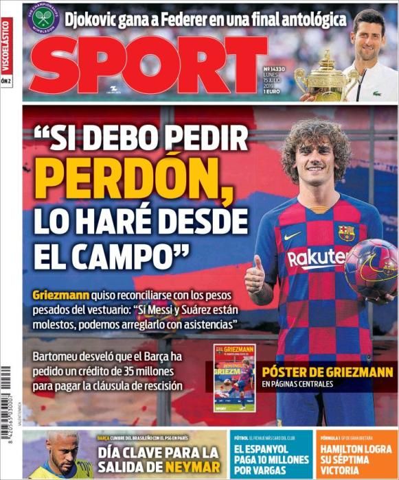 Portada SPORT lunes 15 de julio de 2019