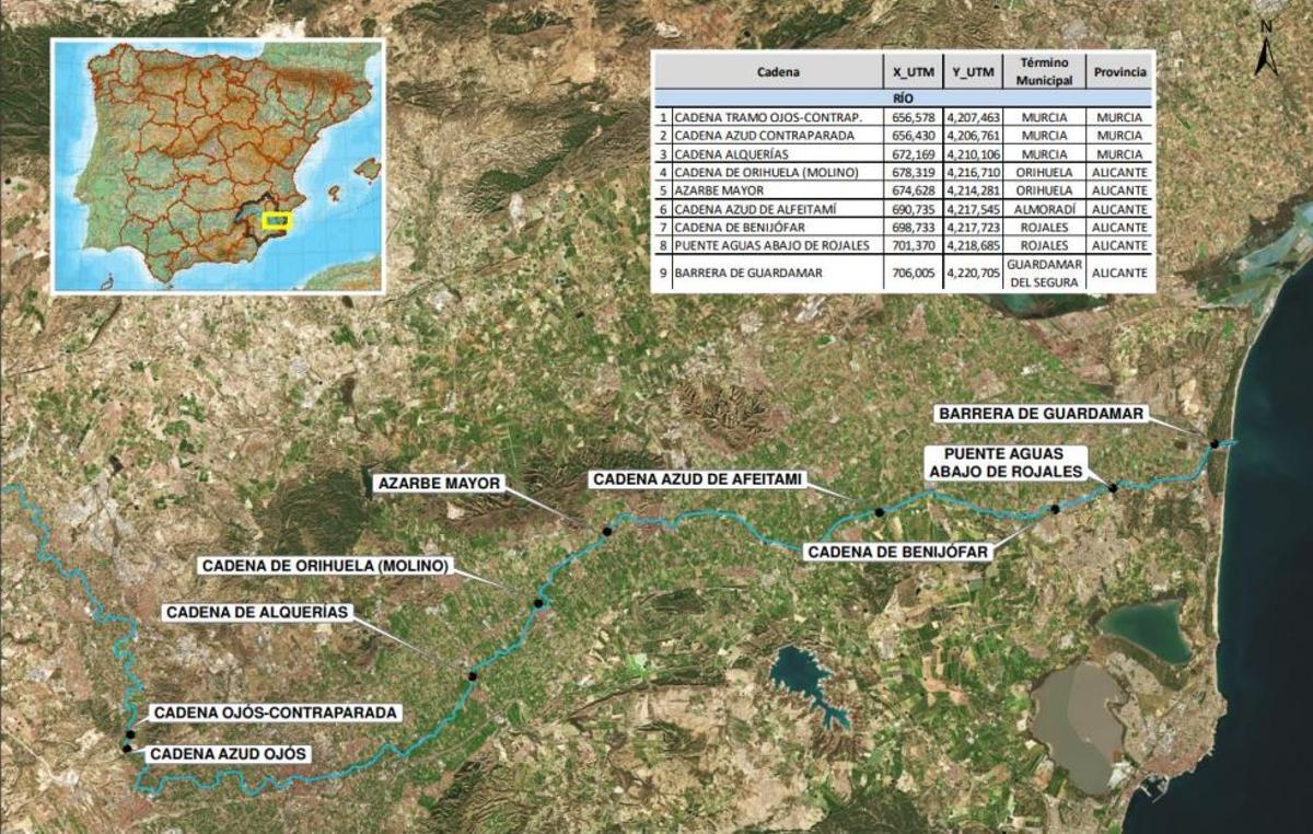 Barreras de las que también se retirarán los sólidos flotantes a lo largo del río entre Ojós (Murcia) y Guardamar del Segura