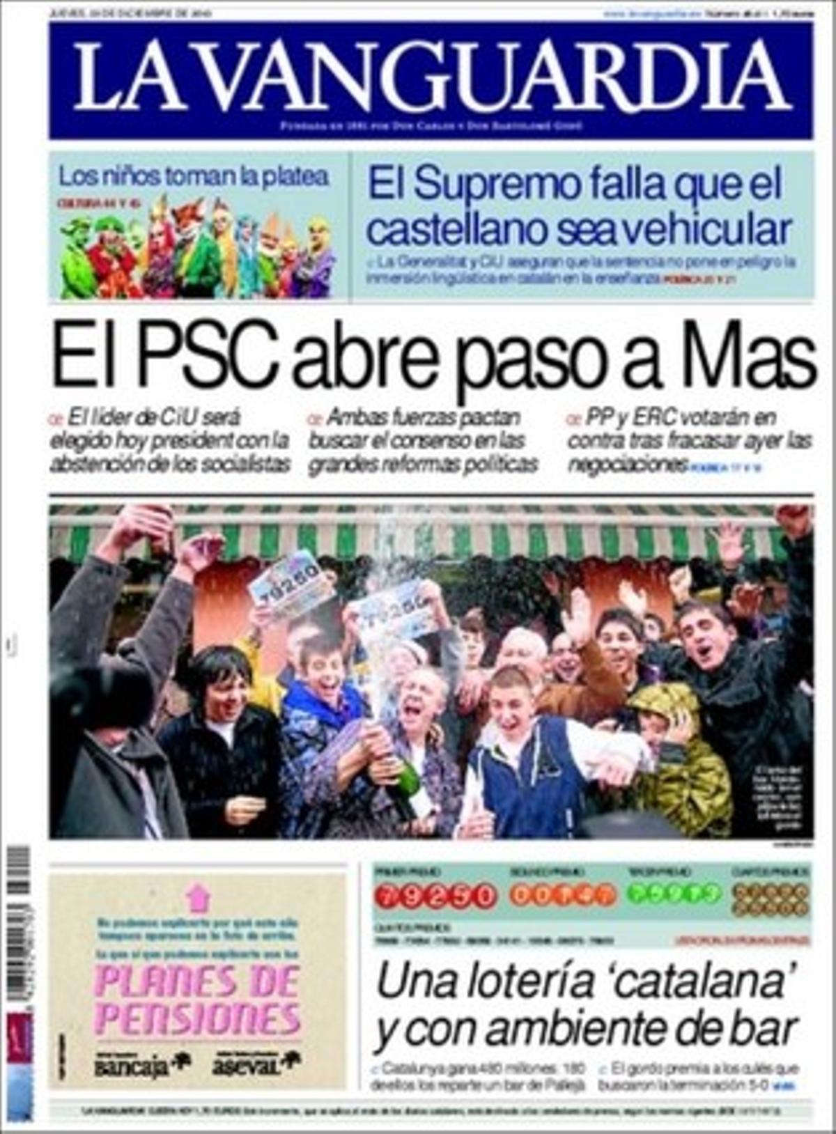 ’La Vanguardia’ també realça en pàgines interiors la guia FAES per posar en ordre l’autonòmic cafè per a tothom; que bancs i caixes detallaran al gener el seu risc immobiliiari, que la crisi del deute encareix el FROB i aboca les caixes a buscar alternatives, i que les vendes de la indústria cauen un 21% el 2009 i es destrueix el 13% de l’ocupació.