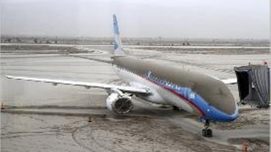 Un avió ple de cendra del volcà en un aeroport argentí.