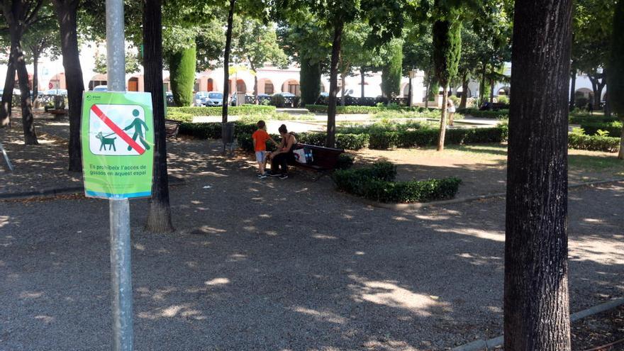 Un cartell prohibint l&#039;accés de gossos en una plaça de Girona