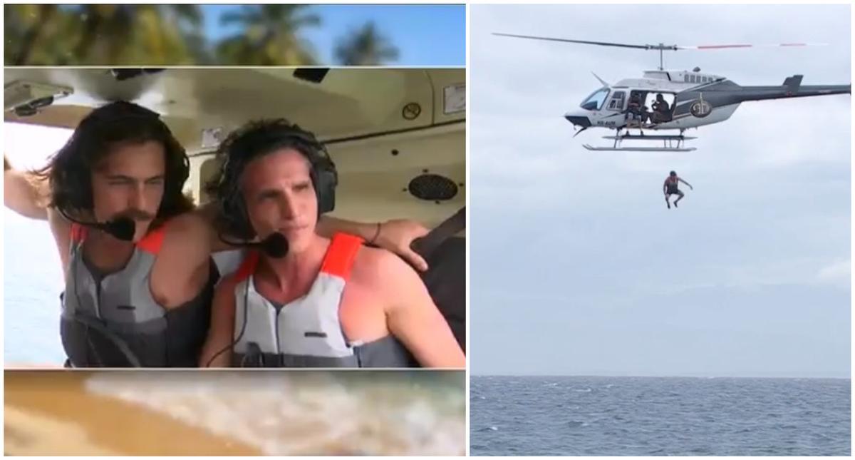 Toni Elías abans de saltar de l'helicòpter (a l'esquerra) i durant el salt ( a la dreta)