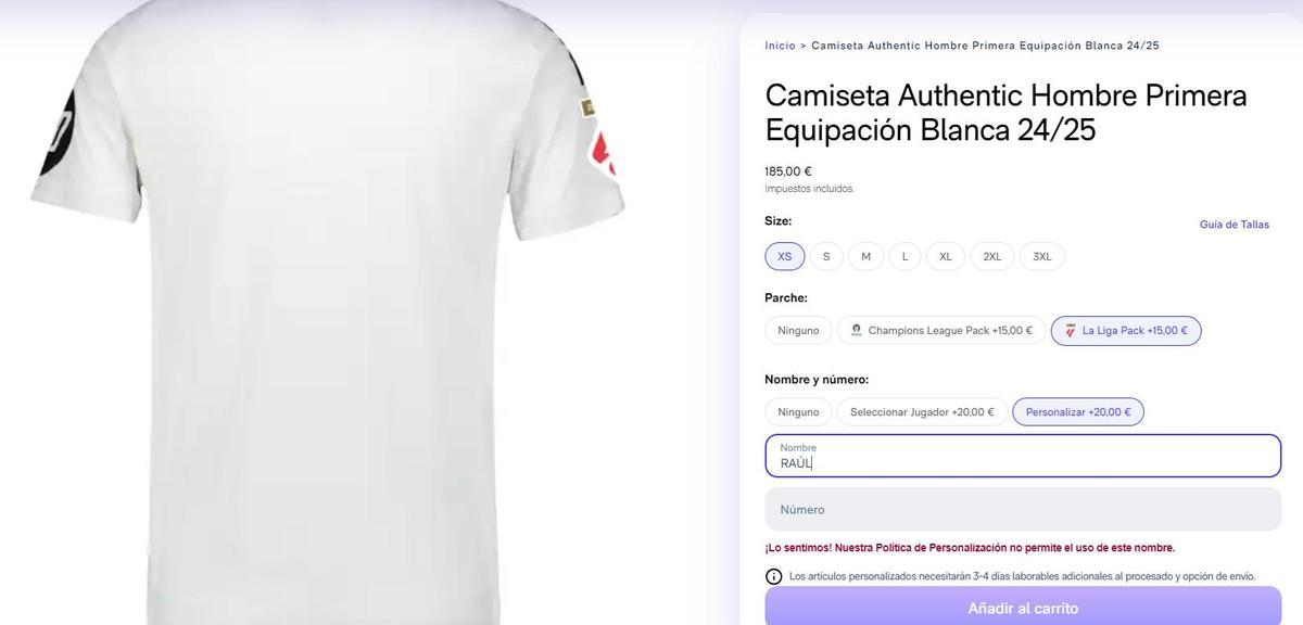 Intento de personalizar la camiseta del Madrid con el nombre Raúl