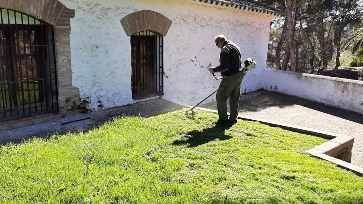 Un operario municipal corta el césped en los jardines del Termet con el objetivo de hacer más atractivo el enclave. | JOSEP CARDA