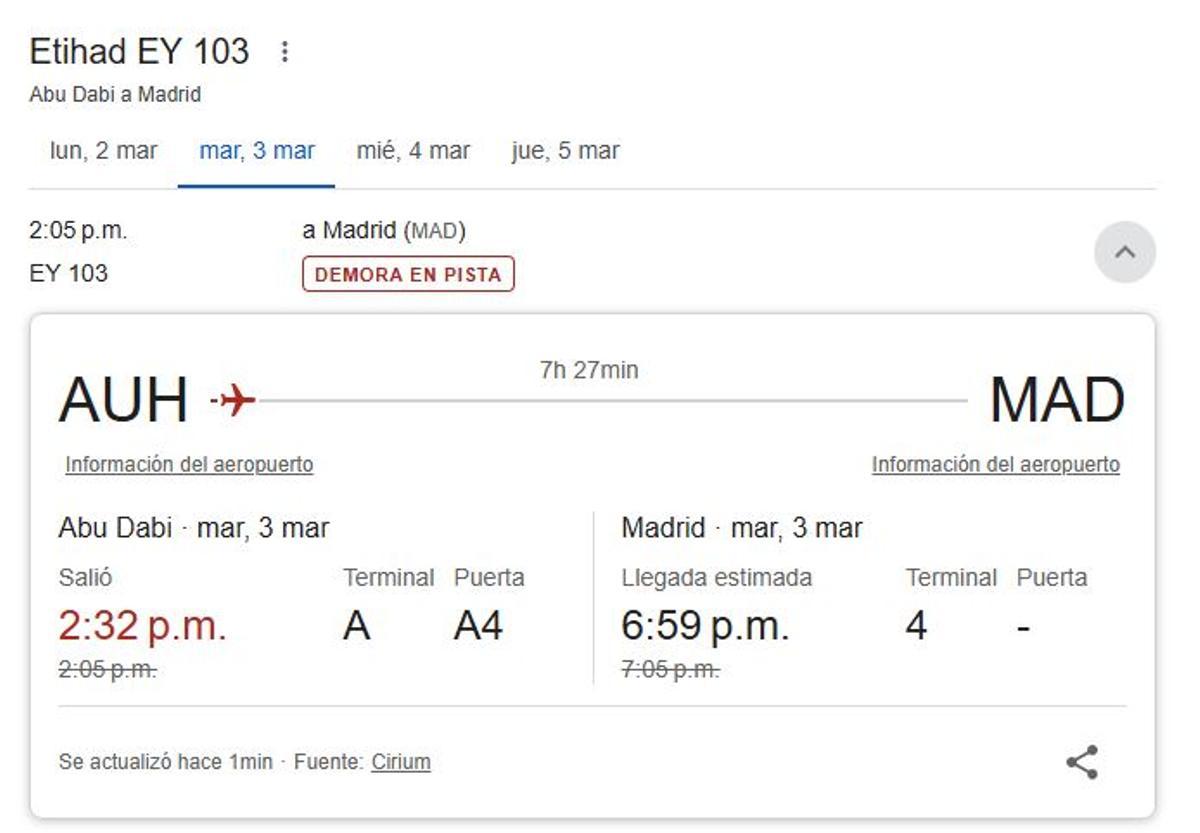 El vuelo EY 103 salió de Abu Dabi con destino a Madrid a las 14.32 horas de este martes
