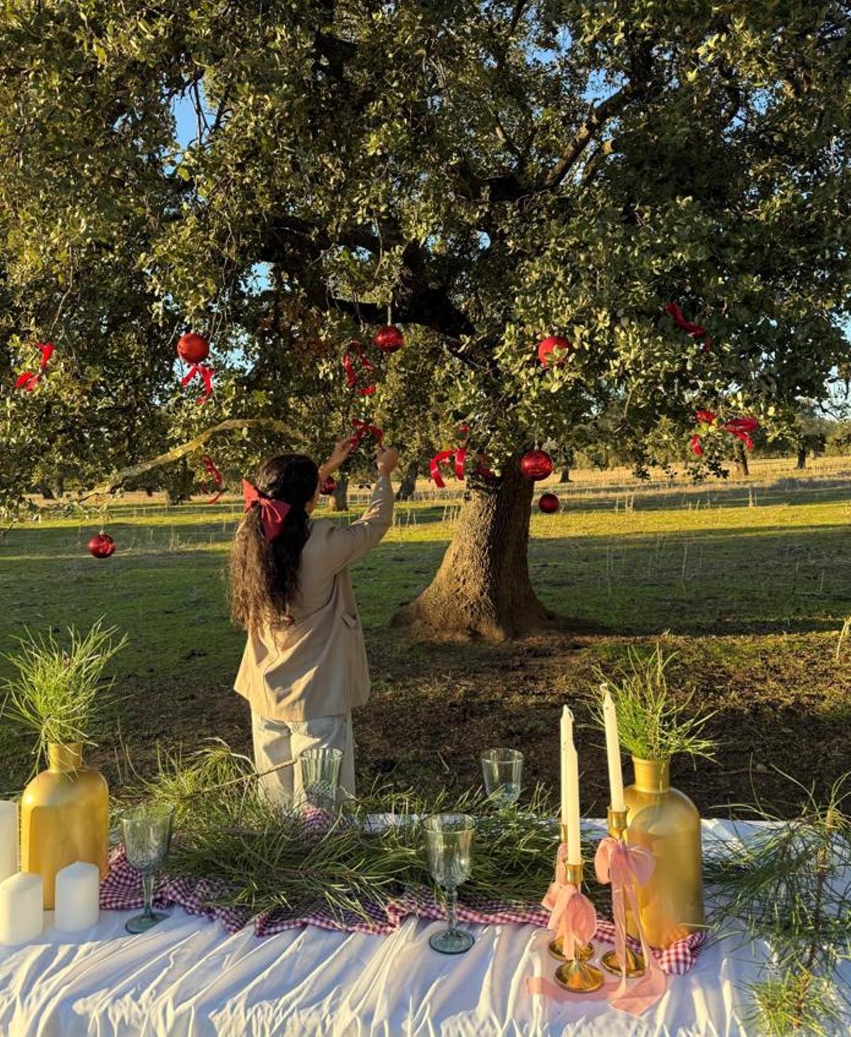 La influencer realizando una decoración para un evento.