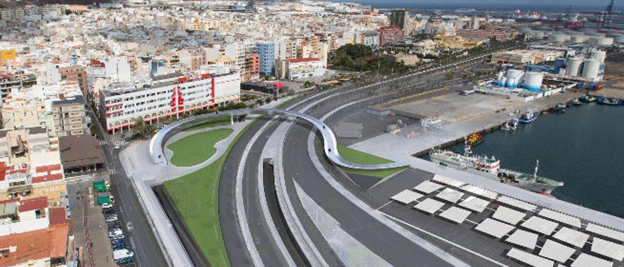 Infografía de la futura pasarela sobre la Avenida Marítima y el parquin, a la derecha, en el muelle Sanapú.