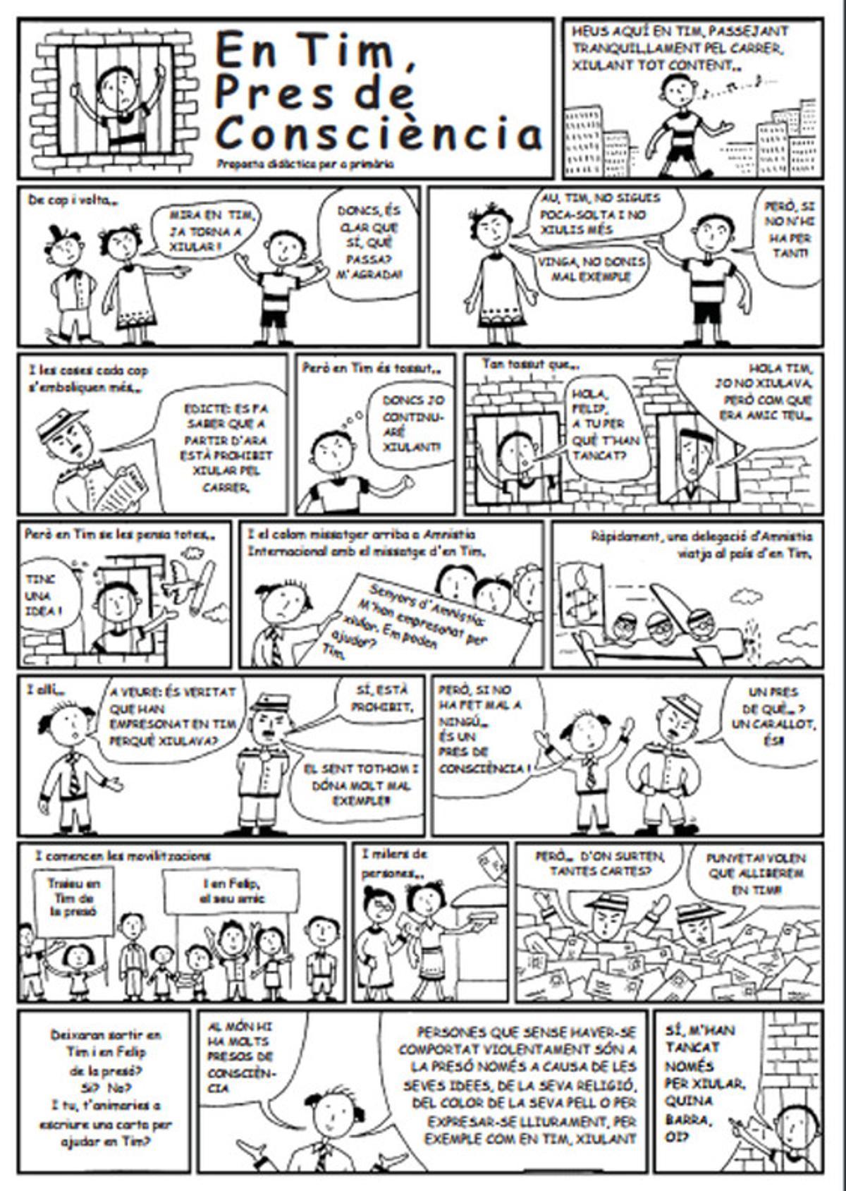 Fragment del còmic sobre presos de consciència procedent d’Amnistia Internacional que es disposaven a treballar els alumnes de 5è de primària de l’escola Immaculada Concepció de Gavà. 