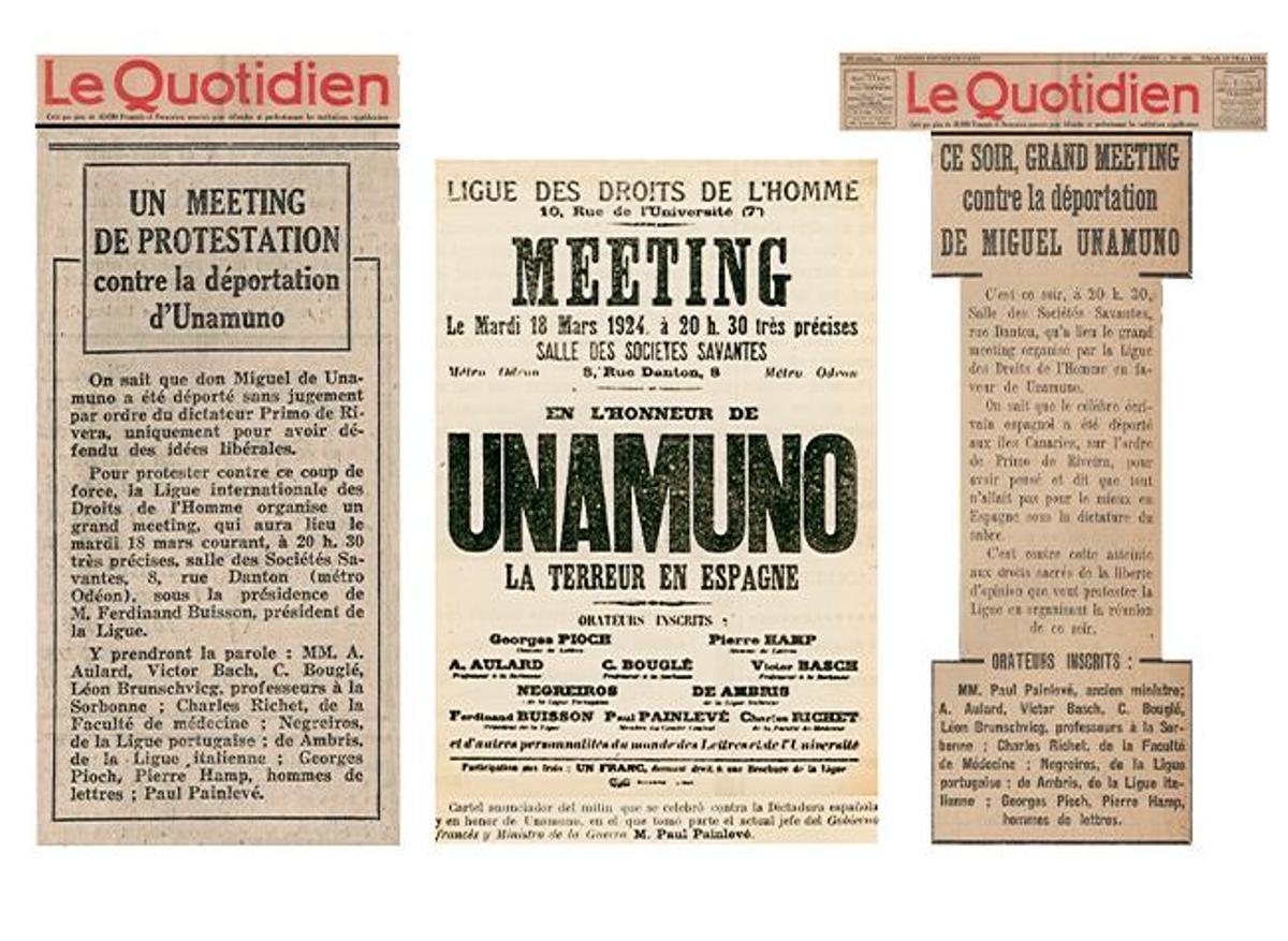 Anuncios en 'Le Quotidien', el 16 y 18 de marzo de 1924, y el cartel del mitin organizado por la Liga de los Derechos del Hombre en honor a Unamuno.