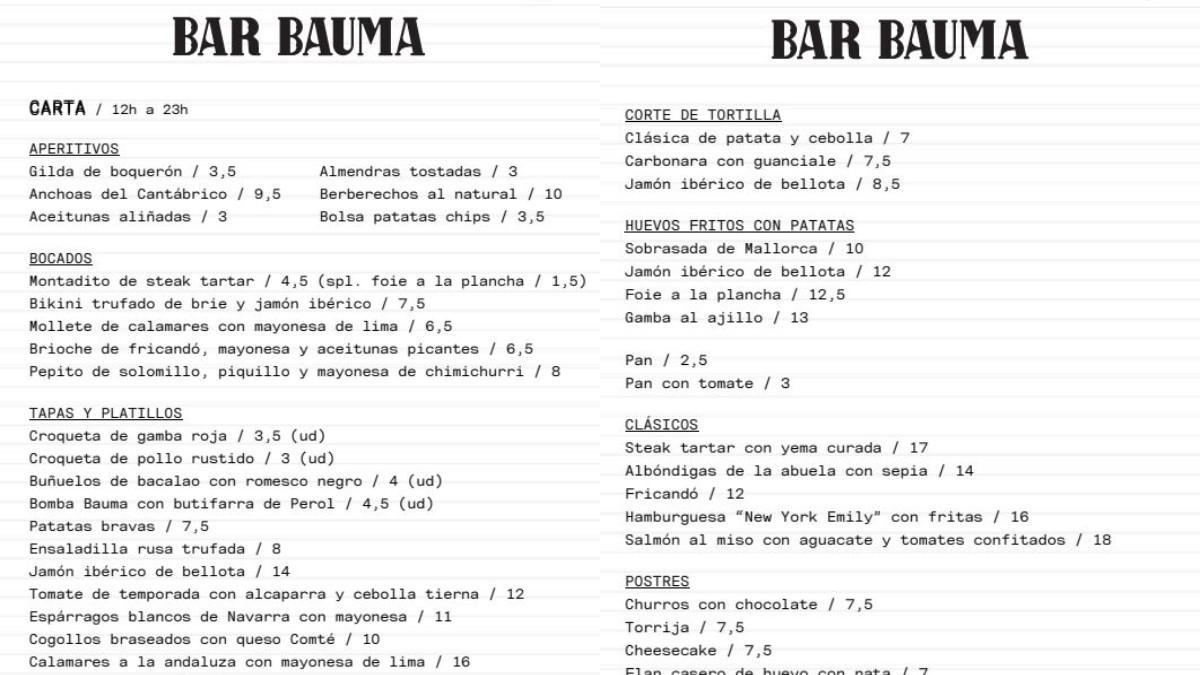Esta es la carta del Bar Bauma