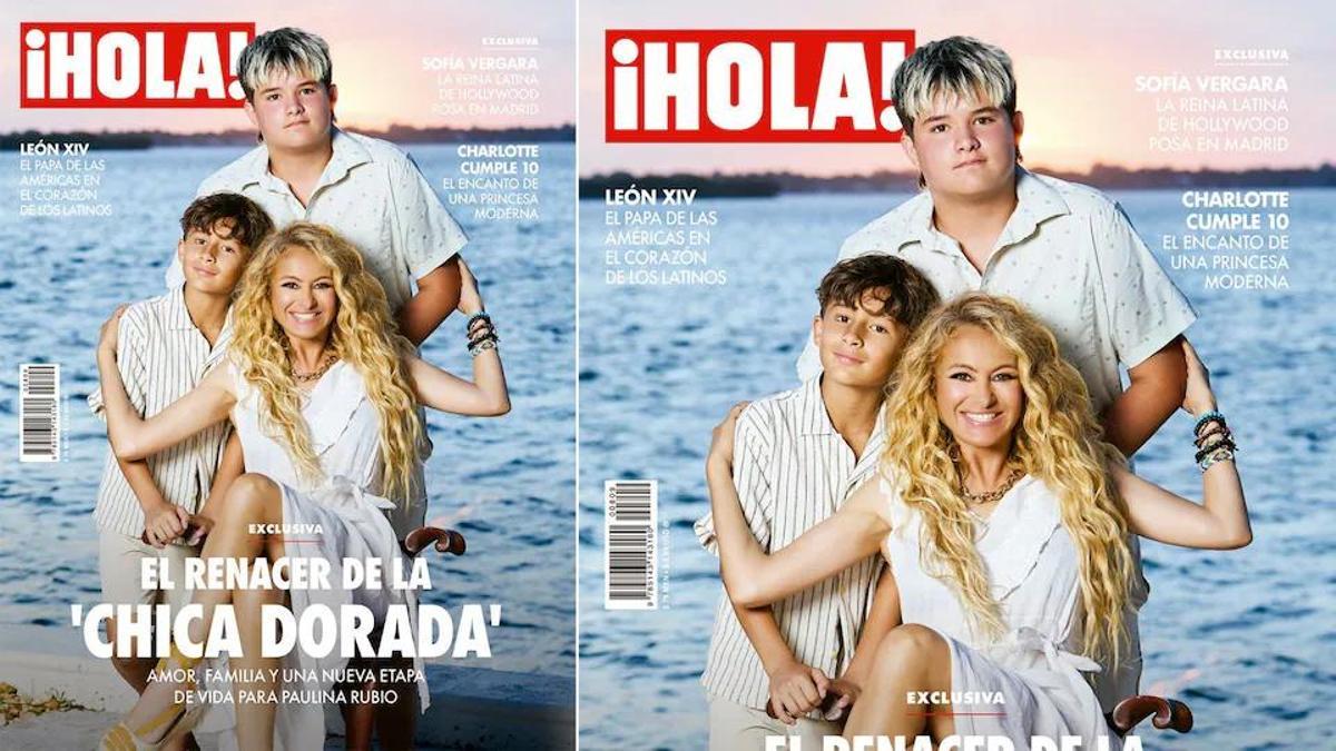 La portada de Hola! con la cantante Paulina Rubio con sus dos hijos, Andrea y Eros.