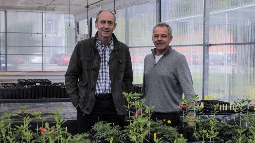 José Alberto Oliveira y Pedro Palencia, del Grupo de Investigación Producción Agrícola Sostenible, en el invernadero del campus.