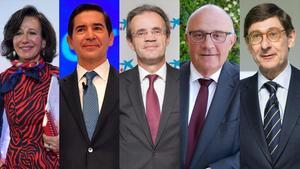 Los presidentes del Santander, Ana Botín; BBVA, Carlos Torres Vila; CaixaBank, Jordi Gual; Sabadell, Josep Oliú; y Bankia, José Ignacio Goirigolzarri.