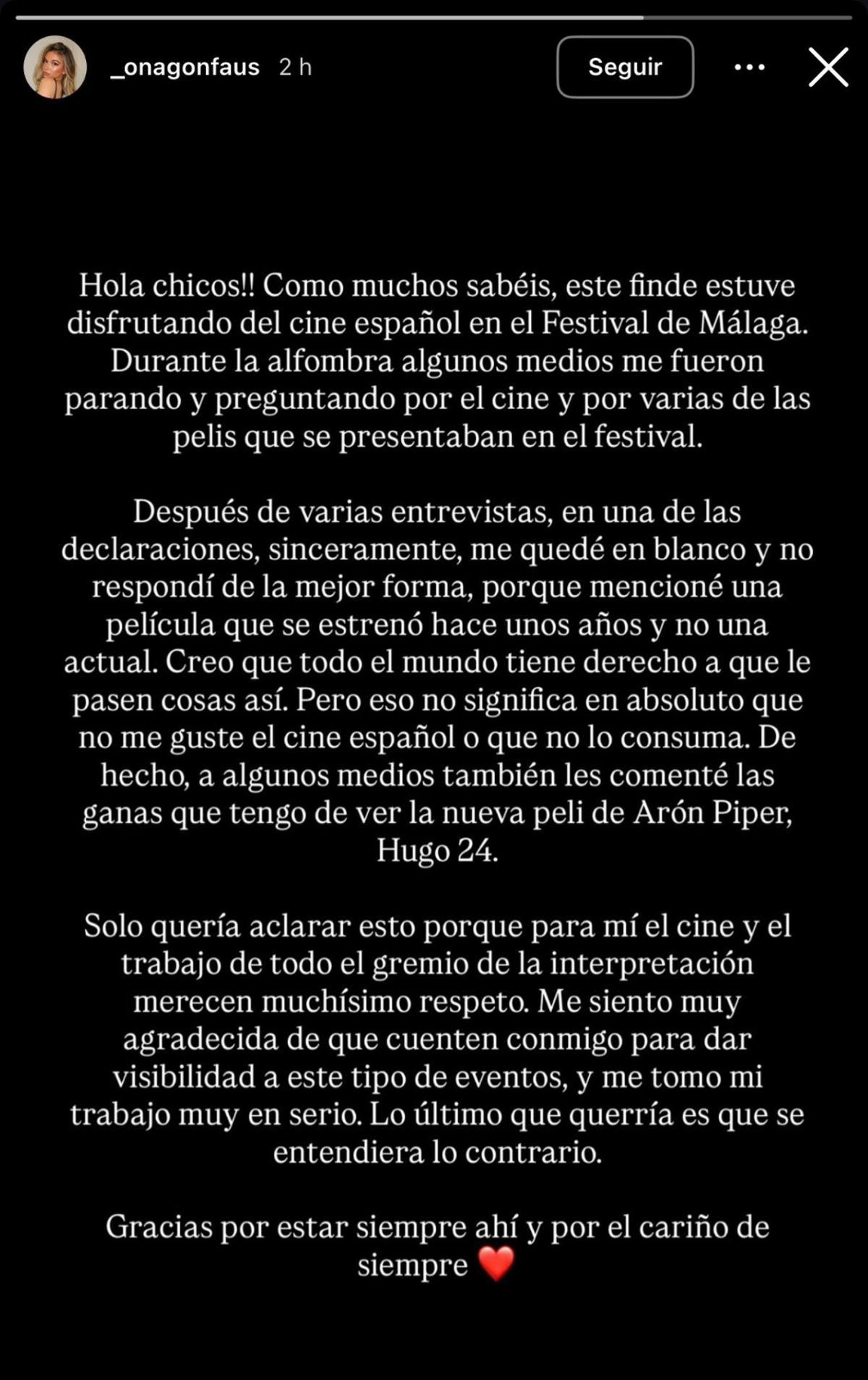 Comunicado de la influencer Ona Gonfaus tras la polémica