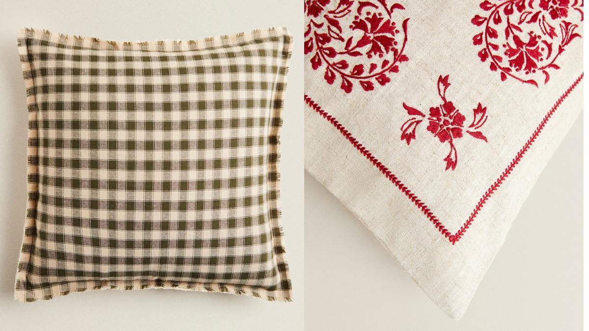 Cojines Zara Home | Otros dos estampados navideños con los cuadros y los motivos florales en rojo