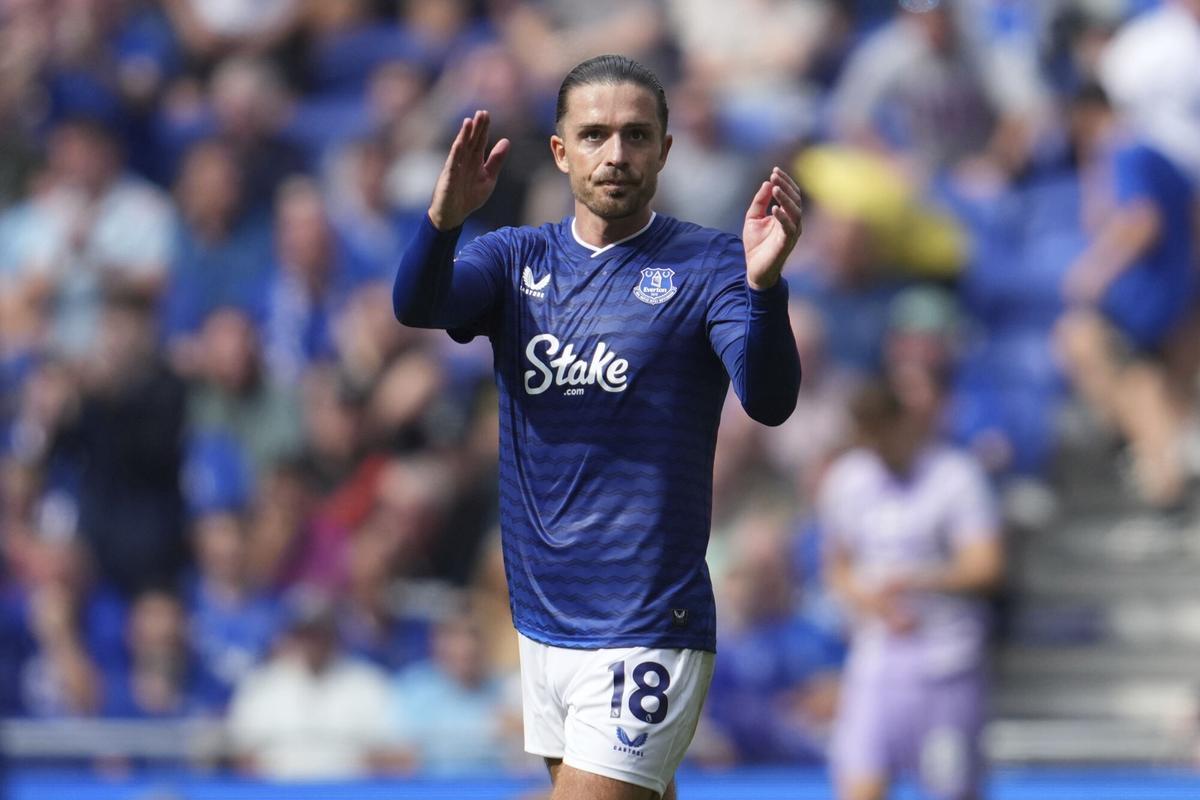Everton's Jack Grealish leaves the pitch as he is substituted during the Premier League soccer match between Everton and Brightonnd in Liverpool, England, Sunday, Aug. 24, 2025. (AP Photo/Jon Super)