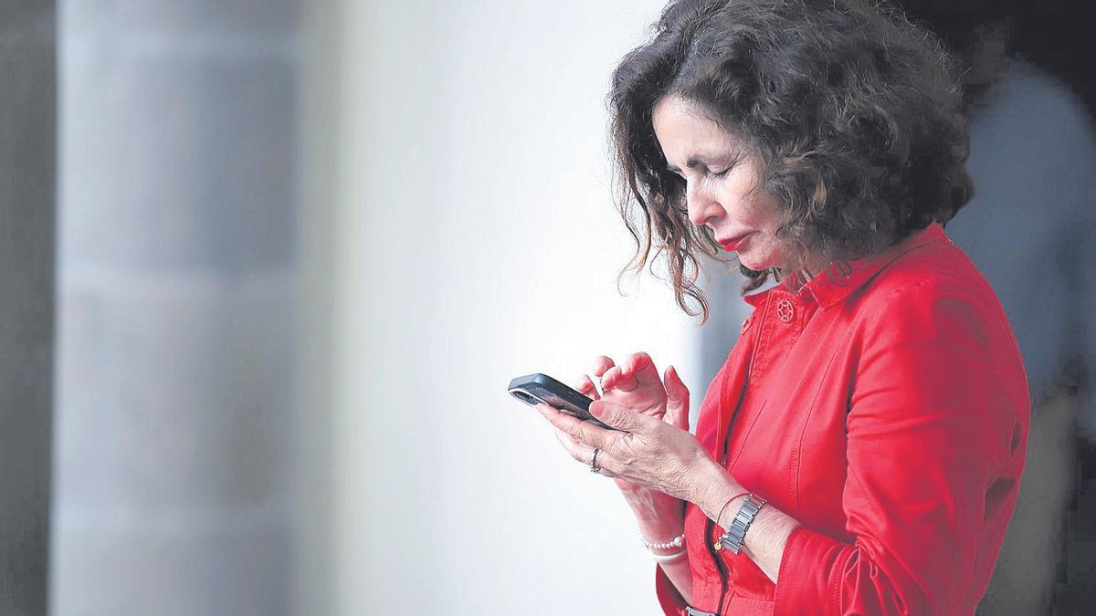 Matilde Asián, consejera de Hacienda, llama por teléfono en el patio de entrada a la Cámara regional.