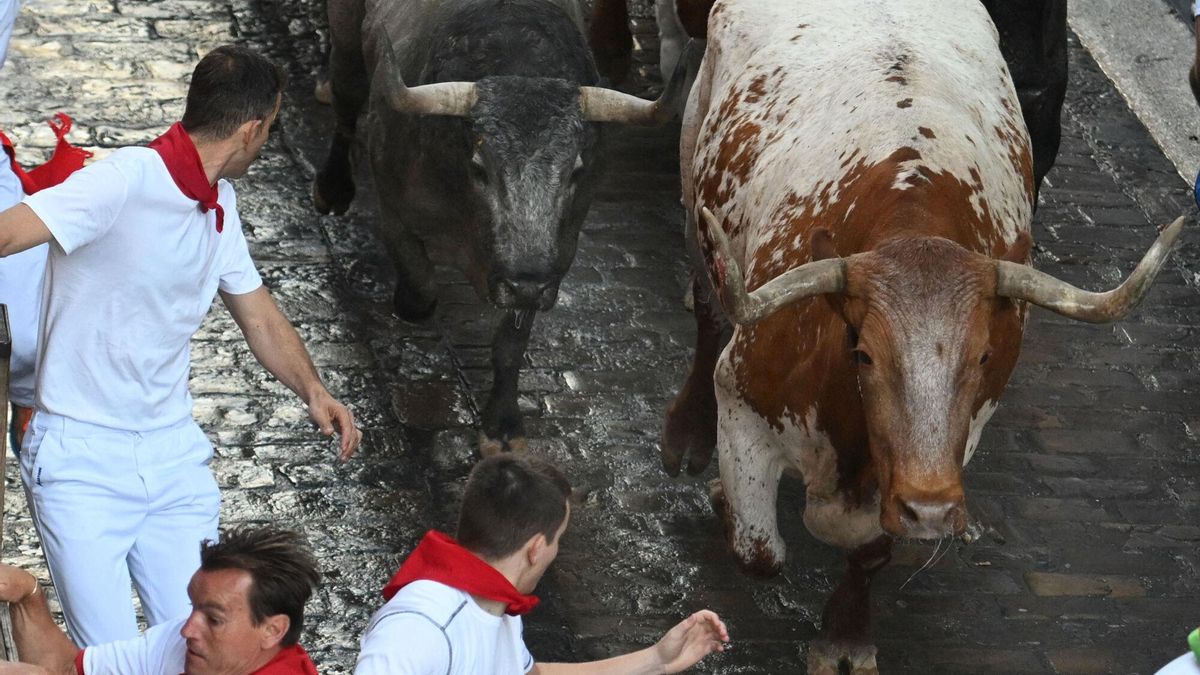 PAMPLONA, 12/07/2025.- Los mozos son perseguidos por los toros de la ganadería de José Escolar en el sexto encierro de los Sanfermines, este sábado en Pamplona. EFE/José Luis Larrión