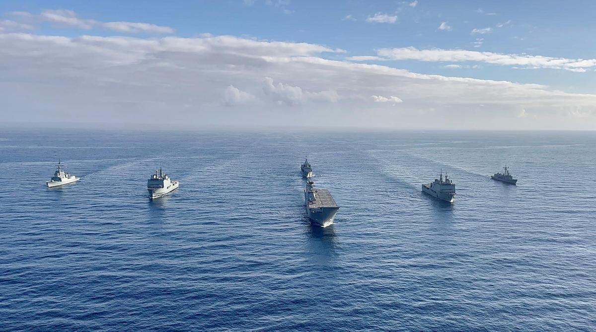 Seis buques de la Fuerza de Combate de Superficie de la Armada, en el ejercicio Dédalo en 2023.