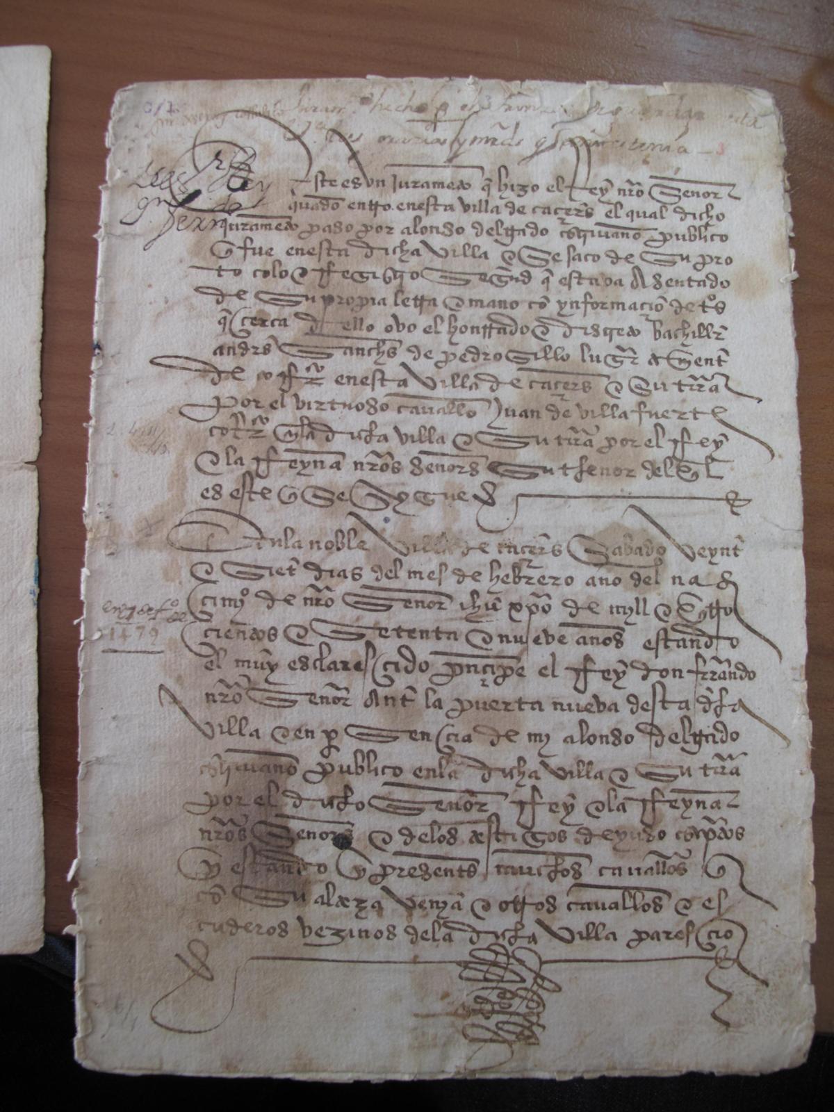 Acta de juramento  del Rey Fernando el Católico de los fueros y privilegios de Cáceres, al visitar la villa en 1479.