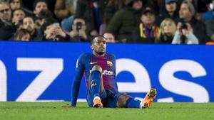 Semedo, en el Camp Nou tras sufrir la lesión muscular ante el Girona.